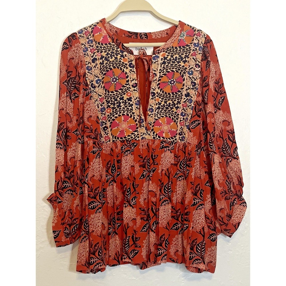 ba&sh Burnt Orange Printed Peasant Blouse Balloon Sleeve Size 1 US Small